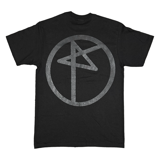 Black t-shirt with a gray symbol on a white background