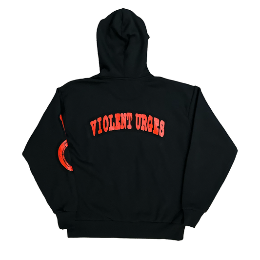 Black hoodie with 'Violent Urges' text on the back against a white background