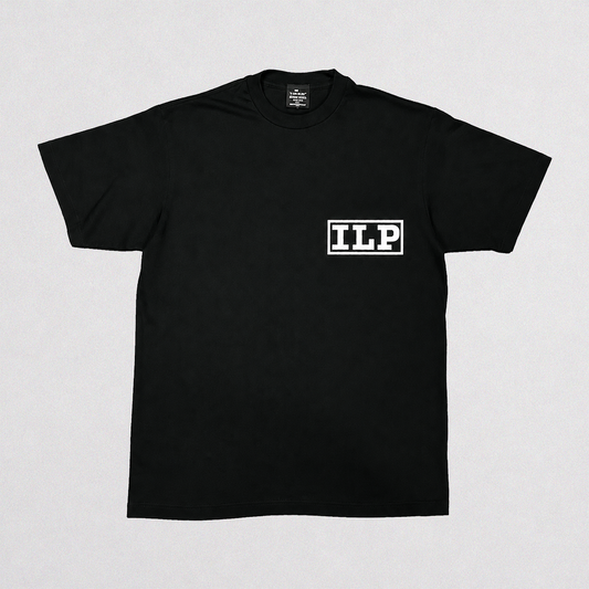 A black short-sleeve crewneck t-shirt with a white rectangular box logo containing the letters 'ILP' on the left chest, displayed flat against a light gray background.
