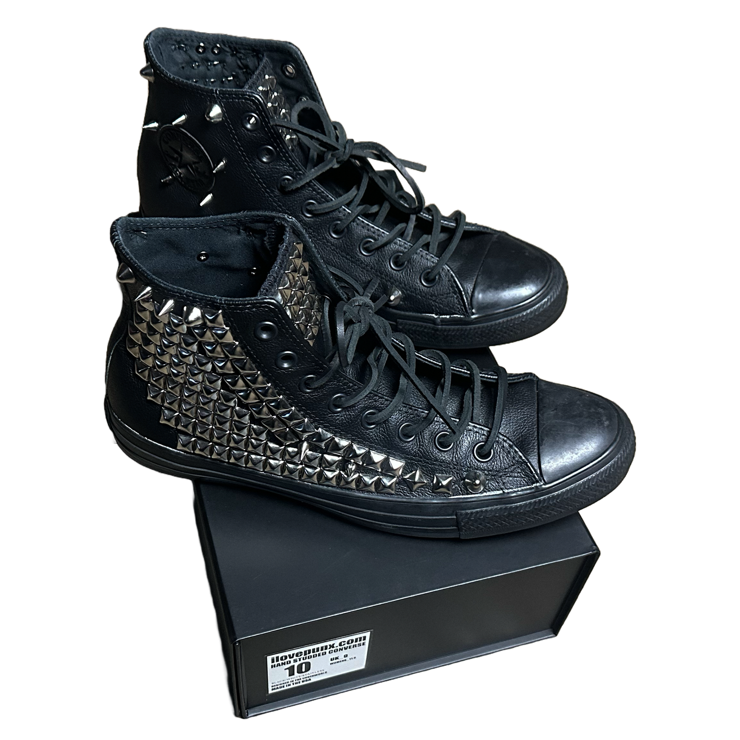 BLACK LEATHER STUDDED CONVERSE SIZE 10