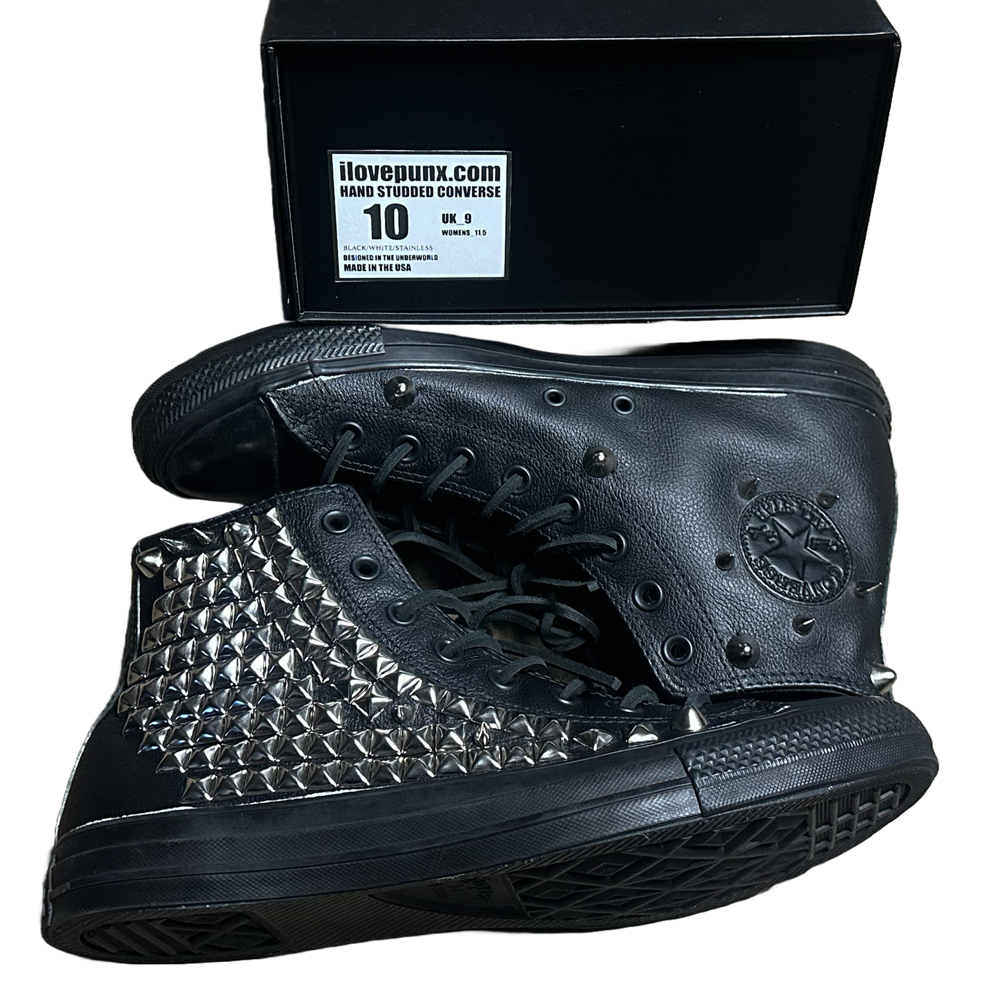 BLACK LEATHER STUDDED CONVERSE SIZE 10