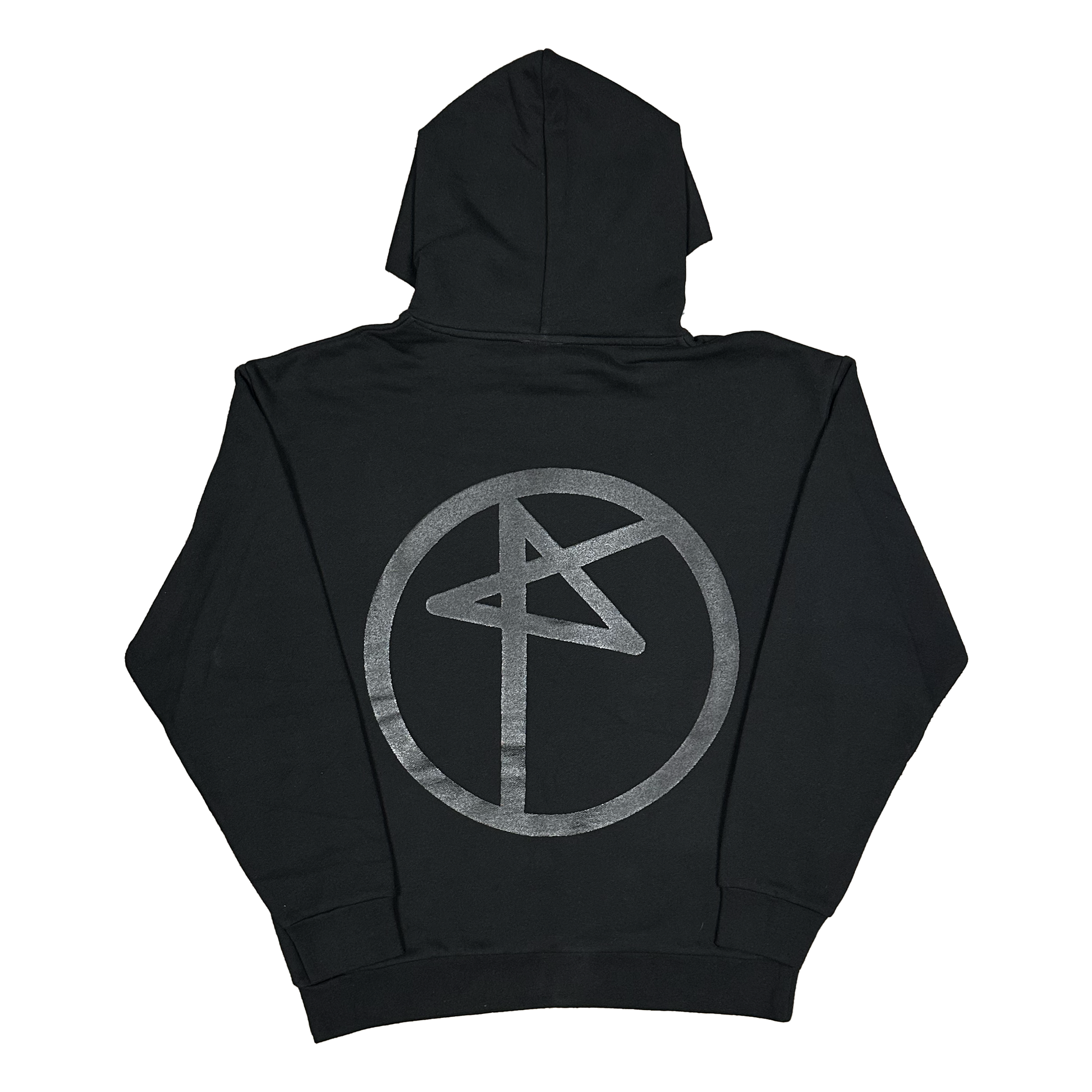 Black hoodie with a gray symbol on the back against a white background
