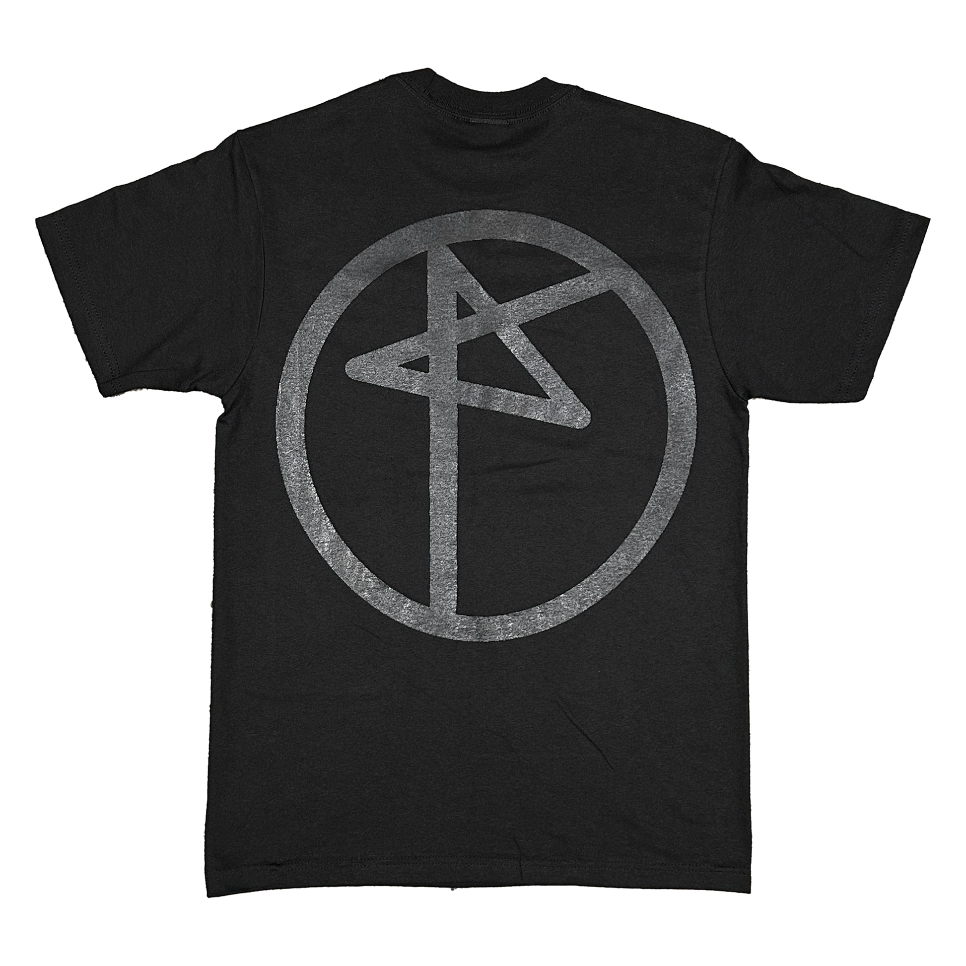 Black t-shirt with a gray symbol on a white background