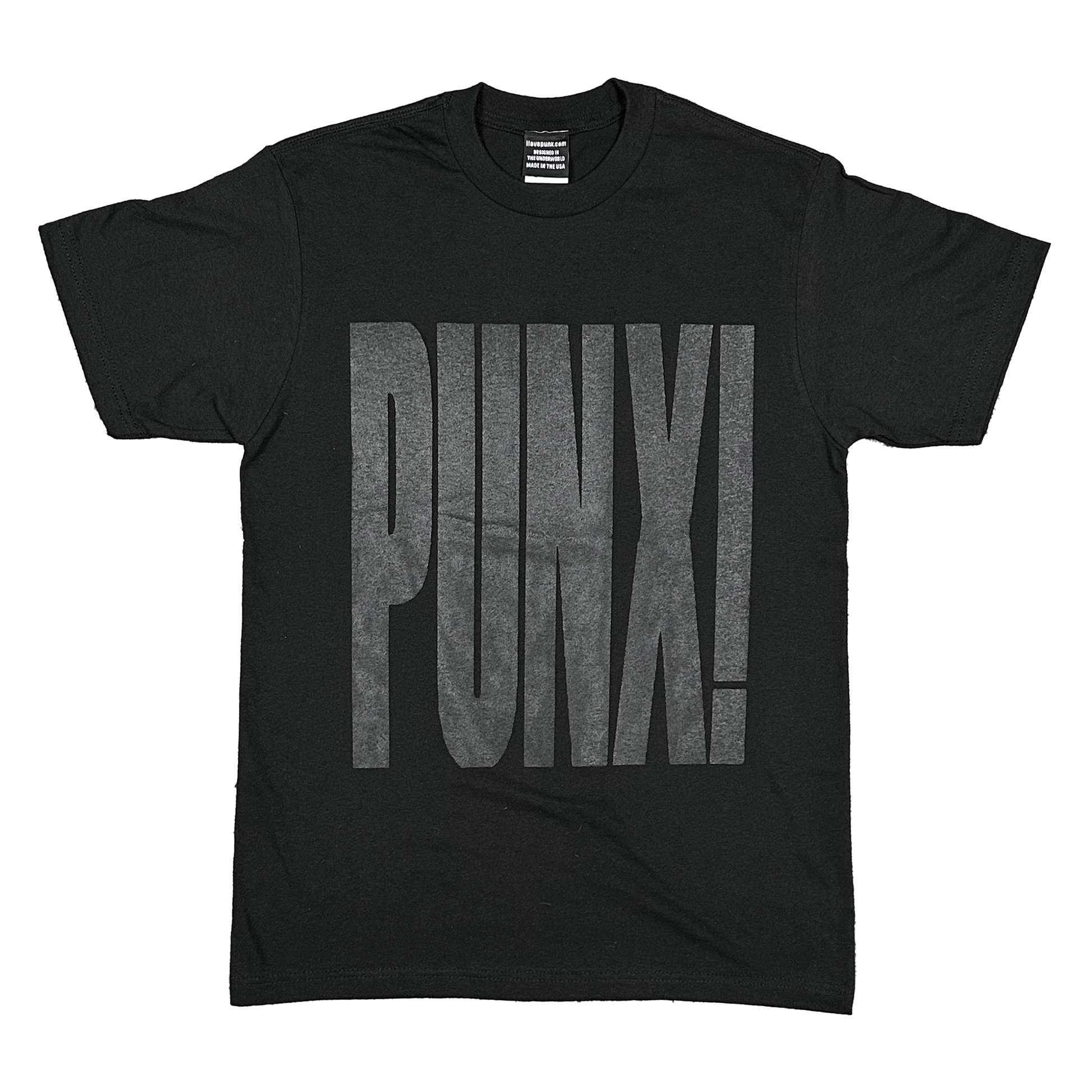 Black t-shirt with 'PUNX!' text on a white background