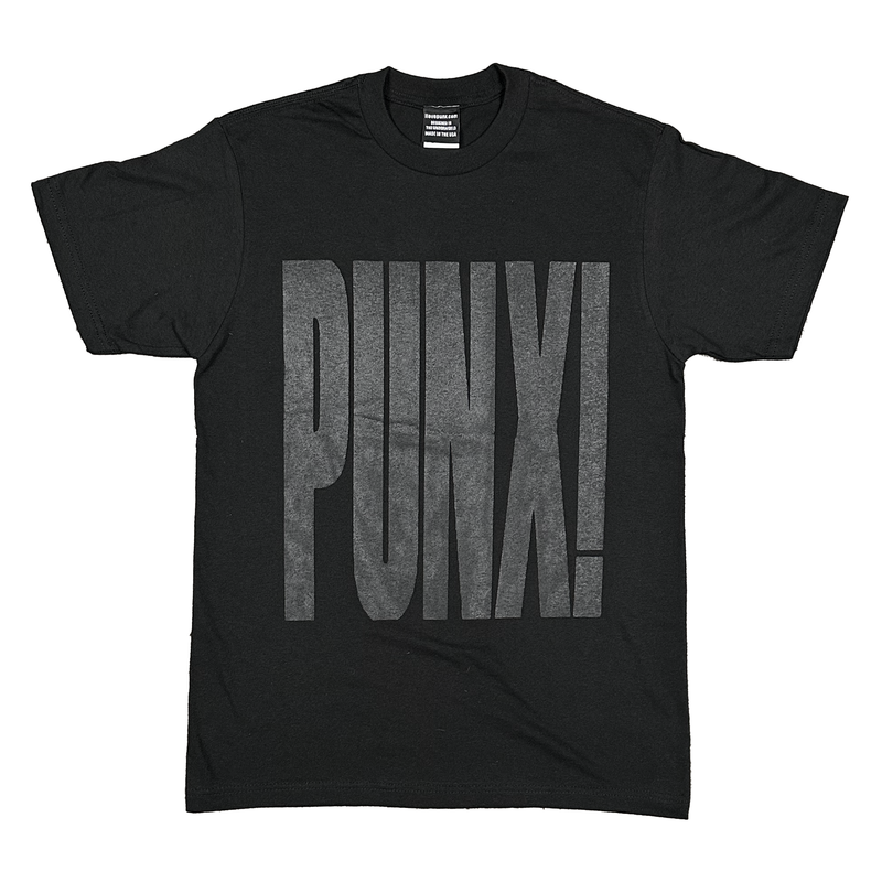 Black t-shirt with 'PUNX!' text on a white background