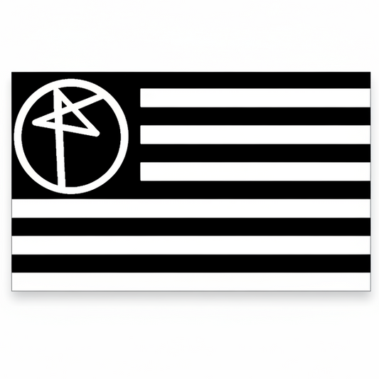 A rectangular black and white flag design with horizontal stripes and a white emblem in the upper left, shown on a plain white background.