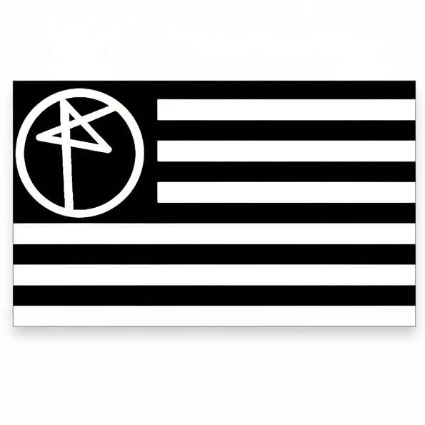 A rectangular black and white flag design with horizontal stripes and a white emblem in the upper left, shown on a plain white background.