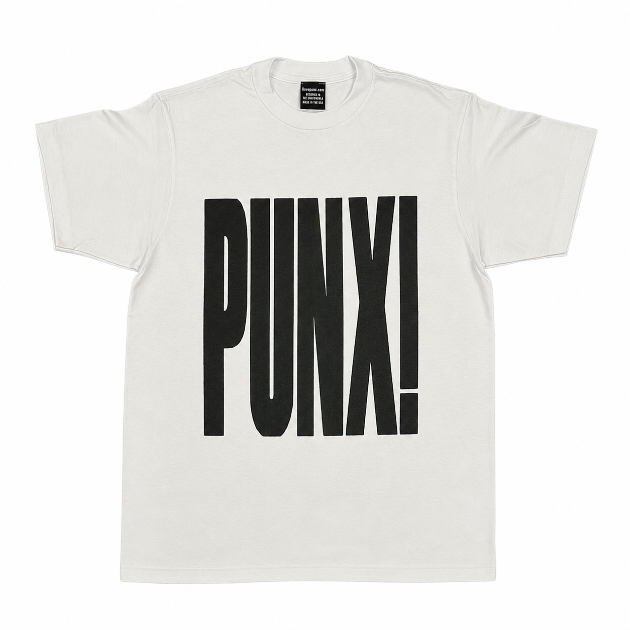 A white crewneck t-shirt featuring the word 'PUNX!' printed in large, bold black letters across the chest, presented flat against a white background.