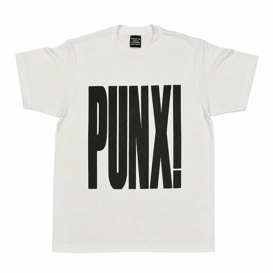 A white crewneck t-shirt featuring the word 'PUNX!' printed in large, bold black letters across the chest, presented flat against a white background.