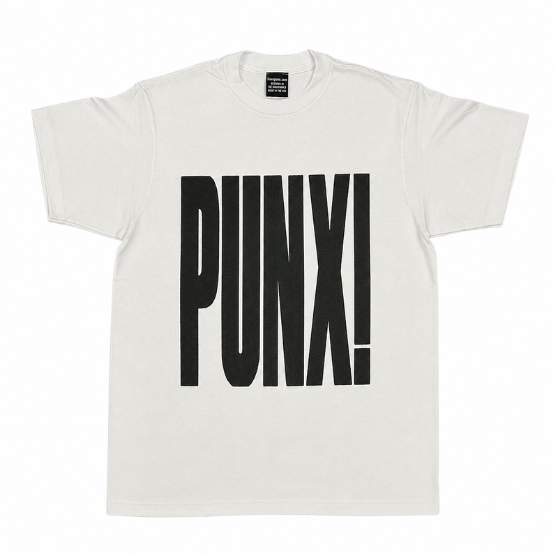 A white crewneck t-shirt featuring the word 'PUNX!' printed in large, bold black letters across the chest, presented flat against a white background.
