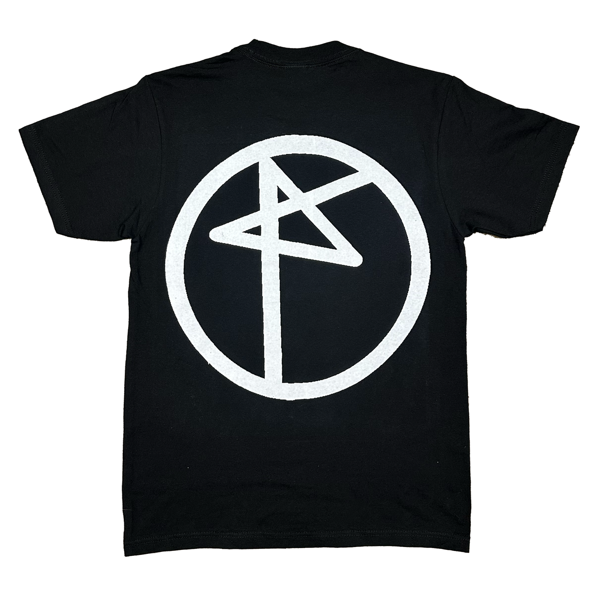 Black t-shirt with a white symbol on the back against a white background
