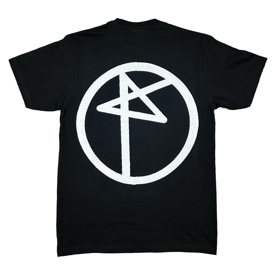 Black t-shirt with a white symbol on the back against a white background