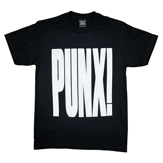Black t-shirt with 'PUNX!' printed in white on a white background