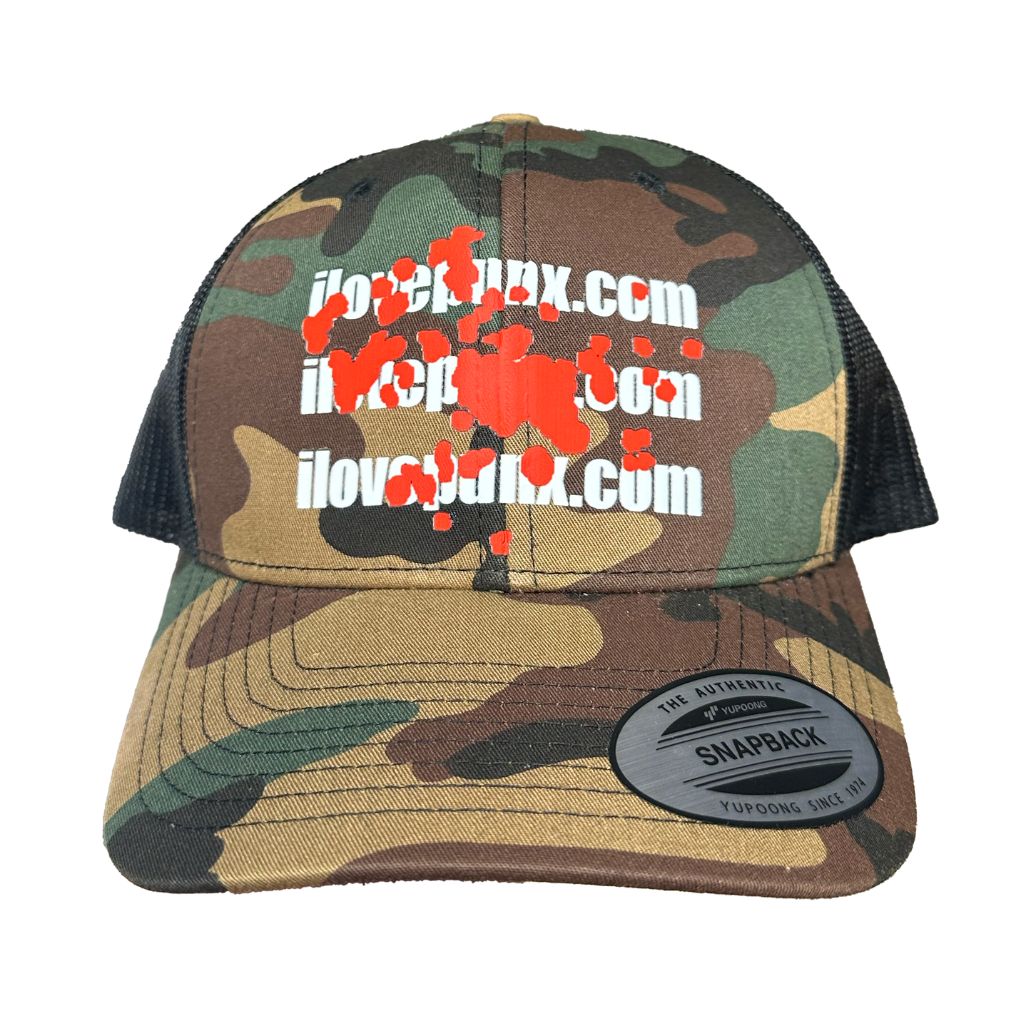 (1 LEFT) CAMO BLOOD N TEXT TRUCKER