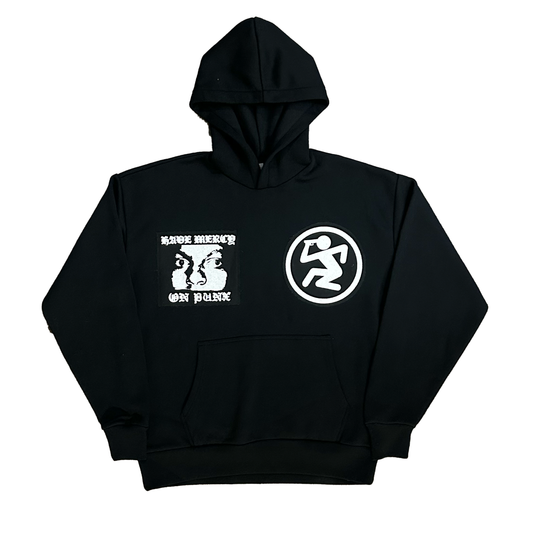 Black hoodie with white graphics and text on a white background