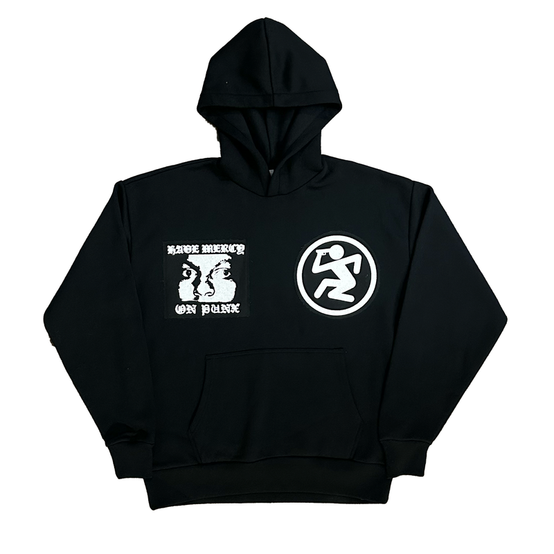 Black hoodie with white graphics and text on a white background