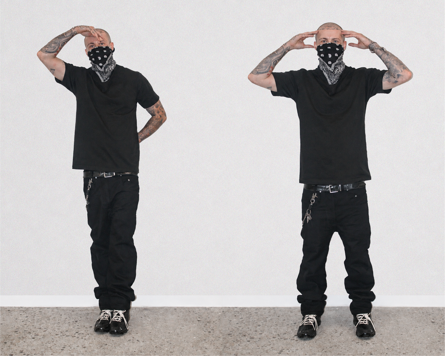 Two views of a man modeling a black t-shirt, black cargo pants, and a black-and-white patterned bandana on a light gray wall.