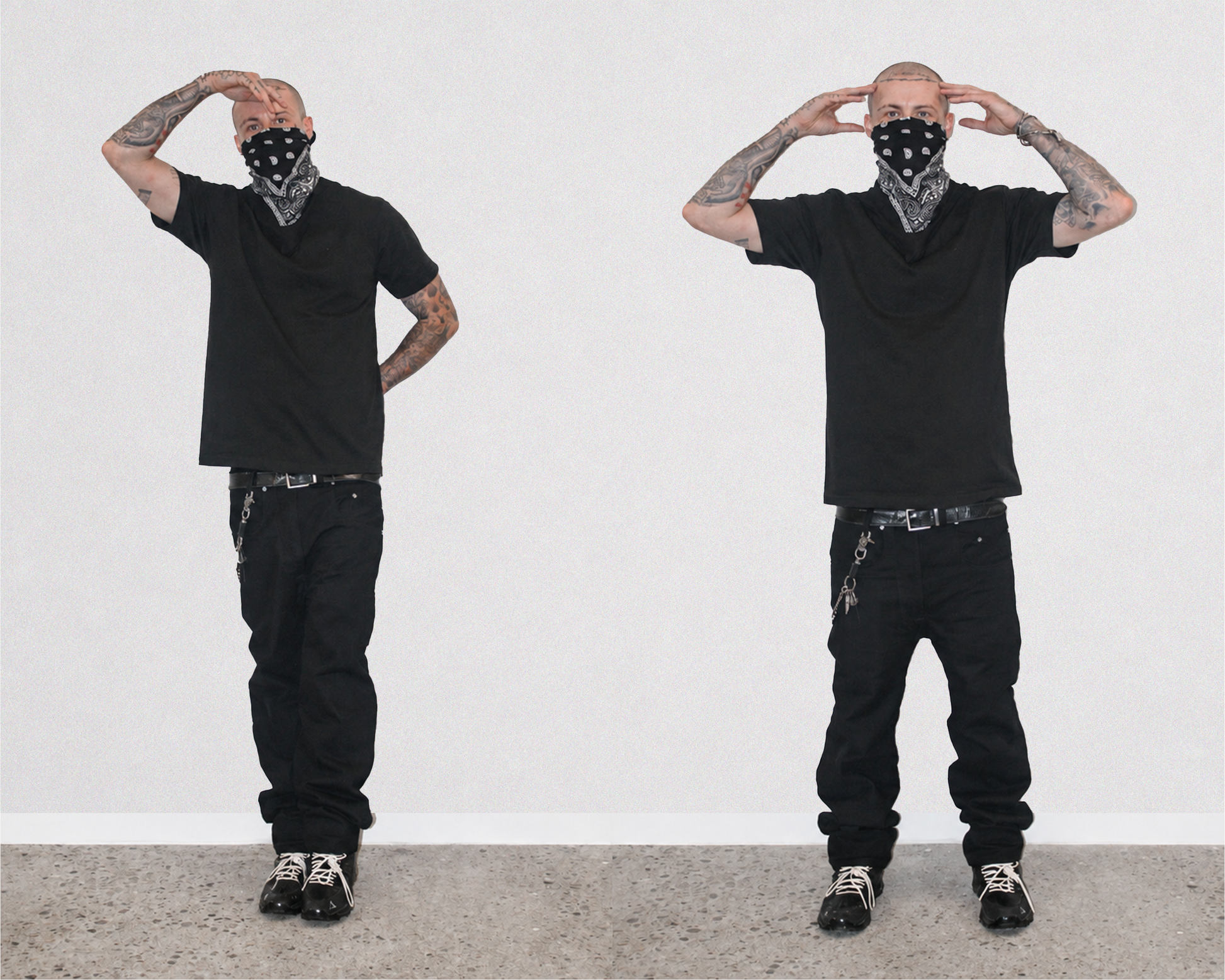 Two views of a man modeling a black t-shirt, black cargo pants, and a black-and-white patterned bandana on a light gray wall.