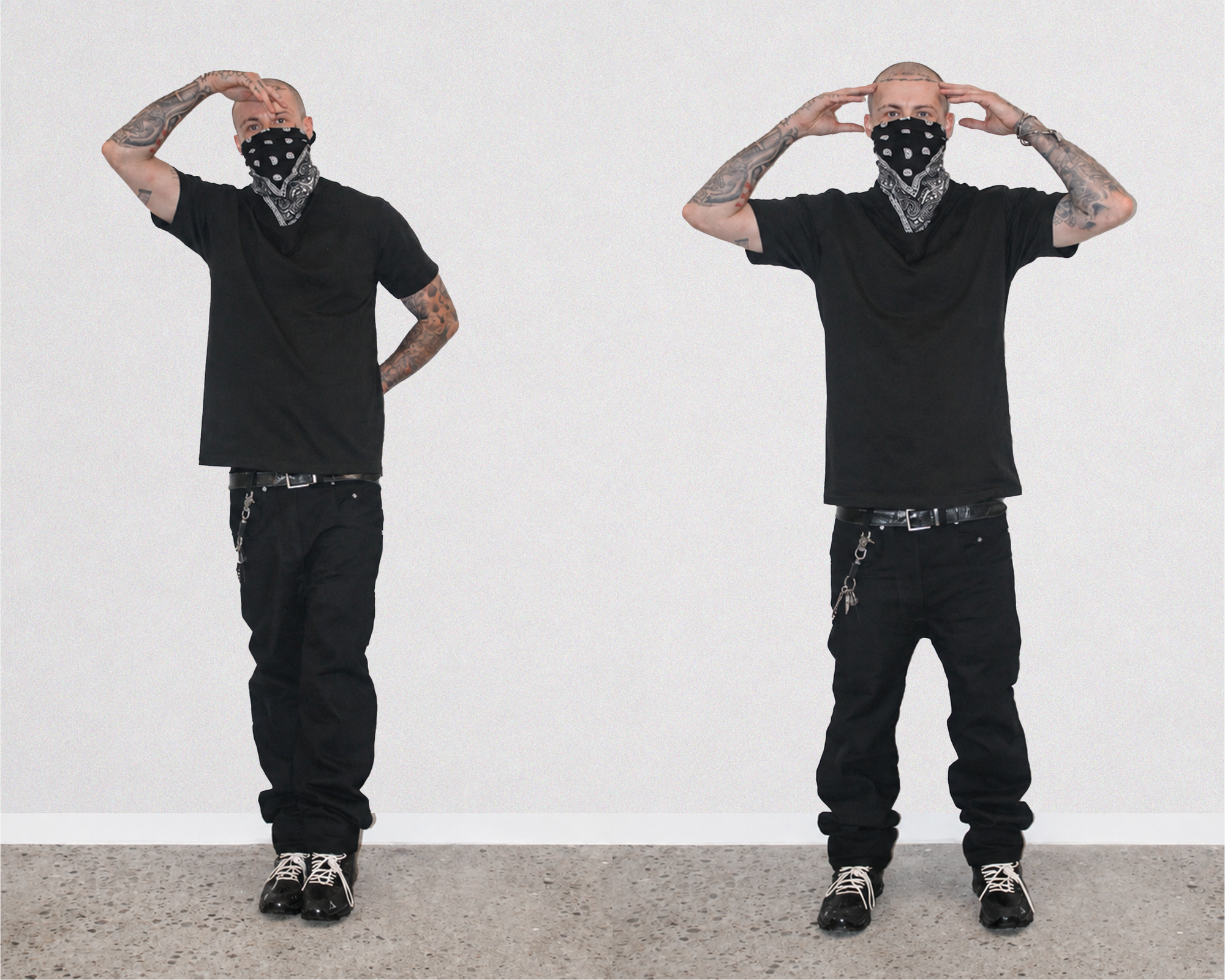 Two views of a man modeling a black t-shirt, black cargo pants, and a black-and-white patterned bandana on a light gray wall.