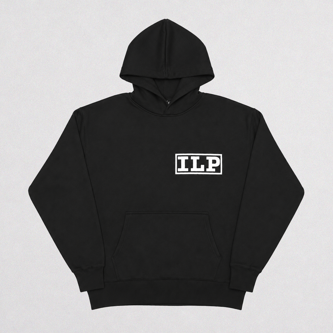 A black pullover hoodie with a white rectangular 'ILP' logo printed on the chest, displayed flat against a light gray background.