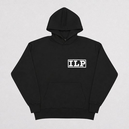 A black pullover hoodie with a white rectangular 'ILP' logo printed on the chest, displayed flat against a light gray background.