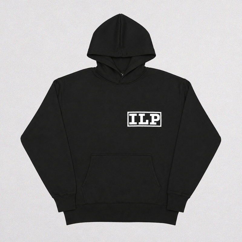 A black pullover hoodie with a white rectangular 'ILP' logo printed on the chest, displayed flat against a light gray background.