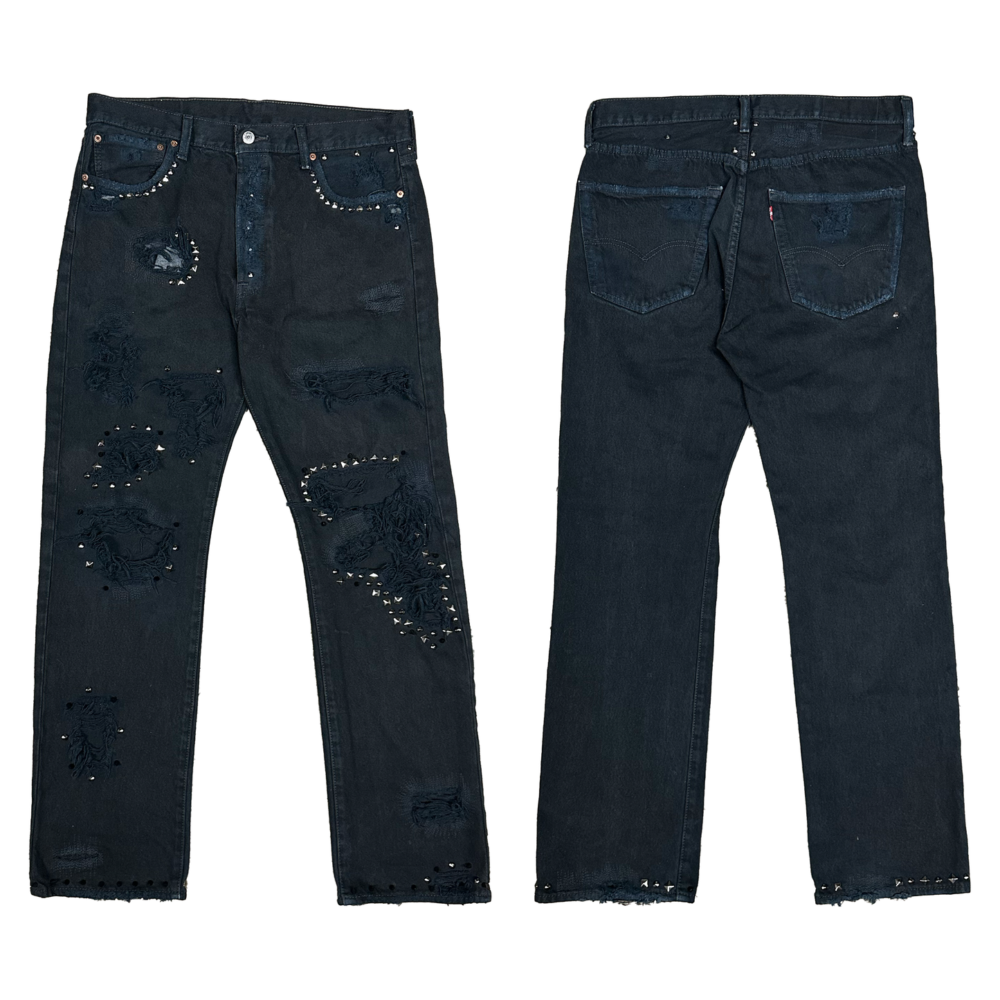 34 X 32 : THRASHED AND REPAIRED DENIM