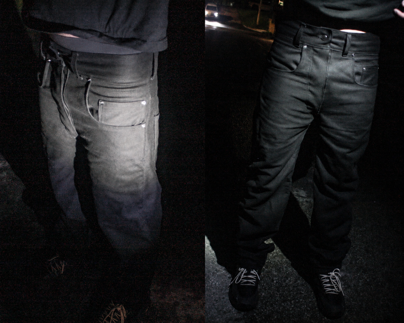 A side-by-side comparison of a pair of jeans in two different lighting conditions: on the left, shown in bright flash showing a faded gray wash; on the right, shown in low-light ambient light, appearing solid black or very dark charcoal. Both views show the back and side pockets of the jeans.