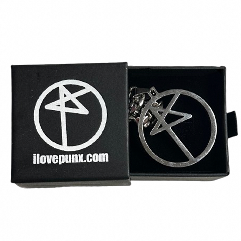 A stainless steel custom punx logo pendant on a black chain, presented in a black jewelry box with a white logo on the lid.
