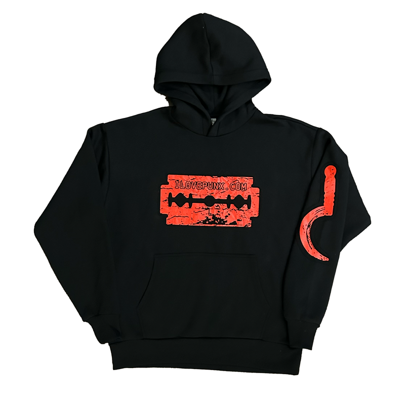 Black hoodie with red blades graphic design on a white background